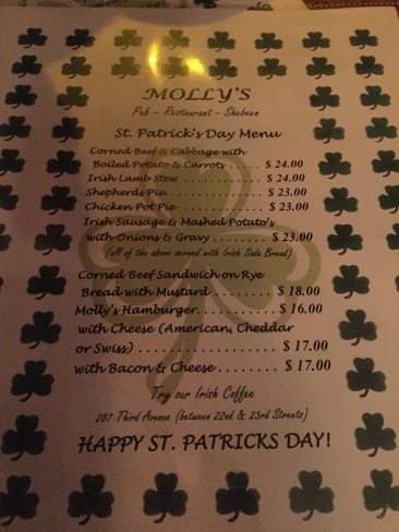 Traditional Irish Food on the menu at Molly's Bar in New York